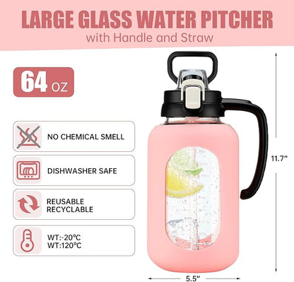 64 oz Glass Water Bottle with Handle and Straw Large 2L Water Bottle with Time Markers and Silicone Sleeve Half Gallon Water Jug BPA Free for Gym Daily Use