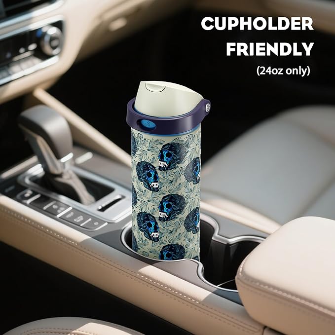 POWCAN 24 oz Insulated Skull Water Bottle: Push-Button Spout & Quick-Flip Straw, Leakproof, Car Cupholder Friendly, Insulated Flask with Straw and Handle for Fitness, Trip, Gift (Frost Revenant)