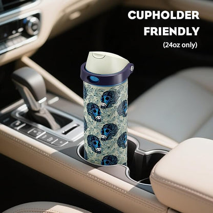 POWCAN 24 oz Insulated Skull Water Bottle: Push-Button Spout & Quick-Flip Straw, Leakproof, Car Cupholder Friendly, Insulated Flask with Straw and Handle for Fitness, Trip, Gift (Frost Revenant)