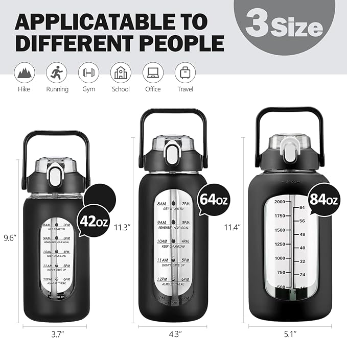 kytffu 84oz Glass Water Bottle with Straw, 2.5 Liter Large Water Bottle with Silicone Sleeve and OZ Marker, Wide Mouth Gallon Glass Bottle with 2-in-1 Lid, Leakproof Water Jug for Gym Home, Black