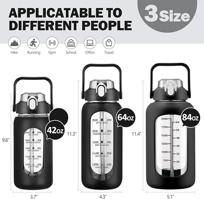 kytffu 84oz Glass Water Bottle with Straw, 2.5 Liter Large Water Bottle with Silicone Sleeve and OZ Marker, Wide Mouth Gallon Glass Bottle with 2-in-1 Lid, Leakproof Water Jug for Gym Home, Black