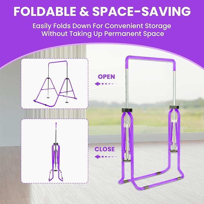 Amrta Foldable Gymnastics Bar with Rings, Adjustable Collapsible Horizontal Training Equipment Set for Indoor Outdoor Home Use Gym Gift in Pink Purple Blue