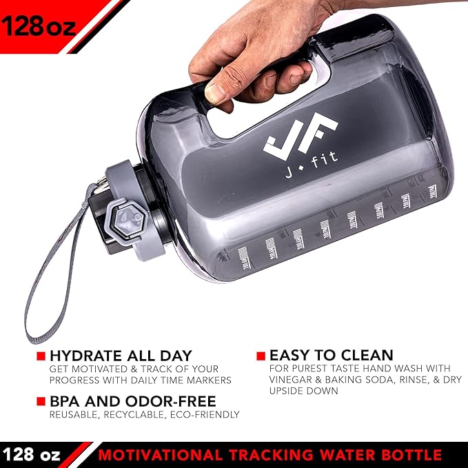 JFIT BPA Free Reusable Sports Water Bottle w/Time Markers, Leakproof Flip-Top Lid & Carry Strap – Durable PETG, 2.28" Wide-Mouth for Ice – Eco-Friendly, Odor-Free & Easy to Clean
