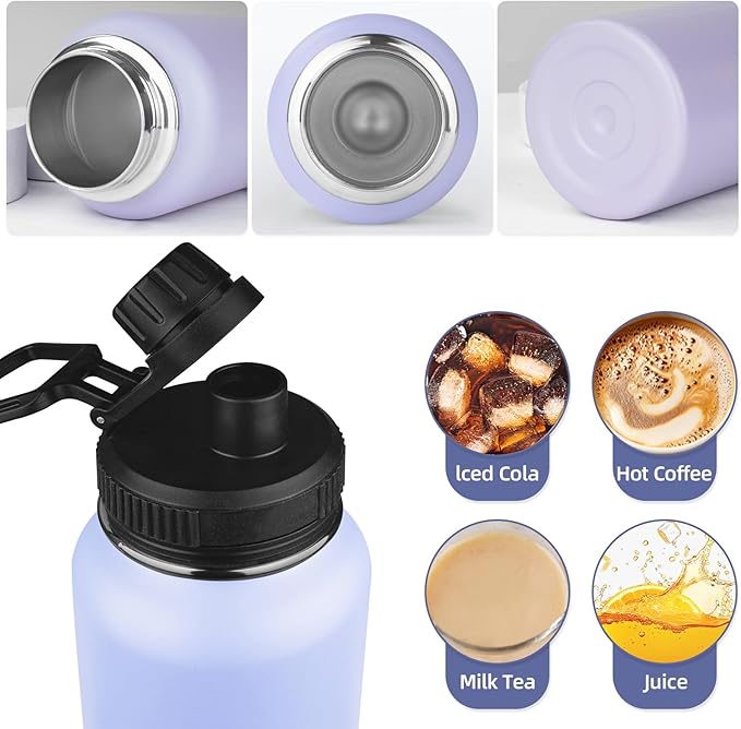 Insulated Water Bottle with Straw&2 Lids 32oz Metal Water Bottle Leakproof Travel Stainless Steel Water Bottles Reusable Double Wall Gym Sports Cup Flask for Camping Hiking, Purple