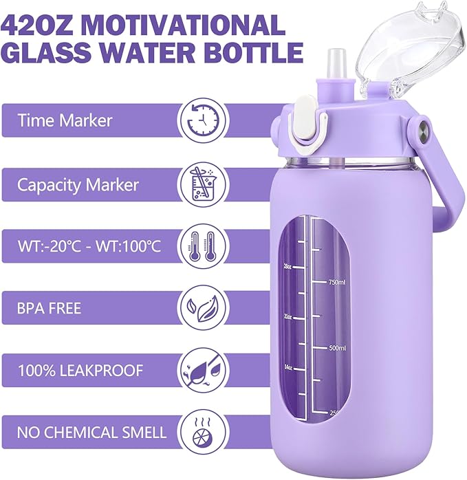 kytffu 42oz Glass Water Bottles with Straw, Motivational Glass Bottle with Silicone Sleeve and Time Marker, Leakproof Large Glass Water Jug for Gym Home Office,Purple