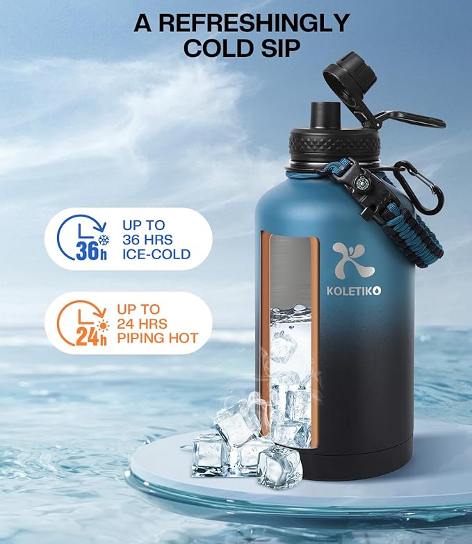 Insulated Water Bottle 64 oz(COLD for 36 Hrs), Non-BPA & Leak Proof, Half Gallon Sports Stainless Steel Water Jug Large with Straw, Indigo Black
