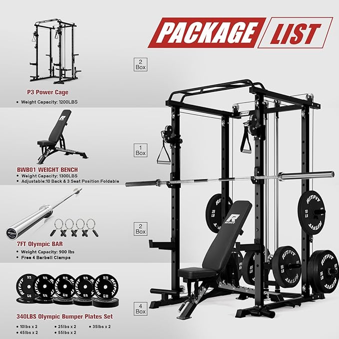 RitFit Multi-Function Garage & Home Gym Package Includes 1200LBS Power Cage PPC03/P3 with Cable Crossover System, Weight Bench, Olympic Barbell Weight Set, Full Body Workout