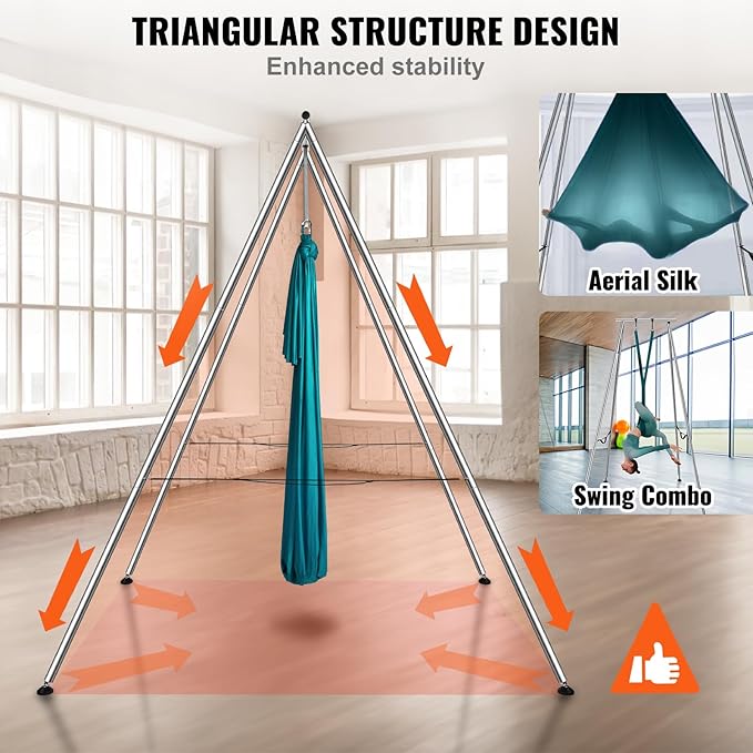 VEVOR Yoga Stand Frame, Max 441-551 lbs Load Swing Stand, Triangular Structure Aerial Rig, Aerial Silk Stands with Yoga Hammock, Standard & Height-Adjustable Version