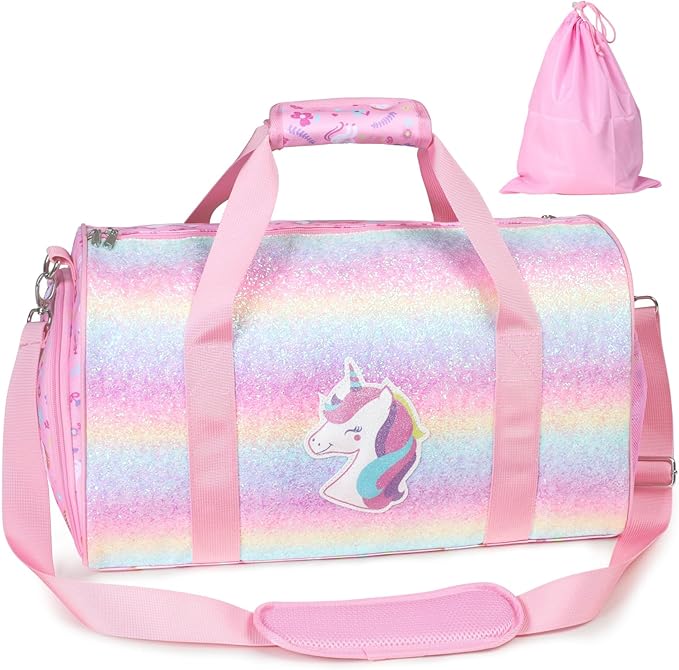 Bagseri Dance Bag for Girls - Kids Duffle with Shoe Compartment, Gymnastics Tote for Sleepover Travel with Water Resistant Wet Pocket（Glitter Unicorn, Pink）