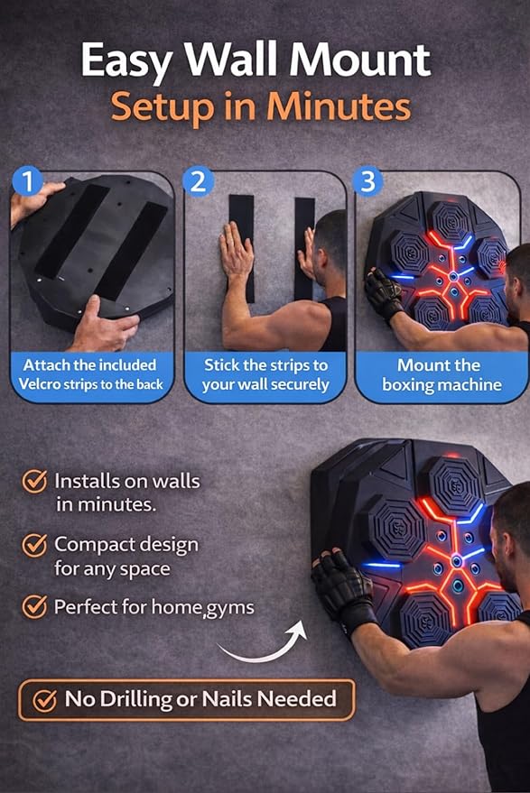 Music Boxing Machine for Adults, Bluetooth Wall Mounted Punching Machine, Interactive Boxing Trainer with LED Targets, Pro Boxing Gloves & Reflex Ball Headband, Home Gym Cardio Workout Training