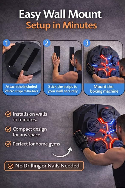 Music Boxing Machine for Adults, Bluetooth Wall Mounted Punching Machine, Interactive Boxing Trainer with LED Targets, Pro Boxing Gloves & Reflex Ball Headband, Home Gym Cardio Workout Training