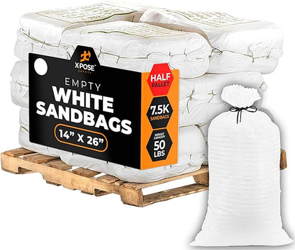 Xpose Safety Heavy Duty Sand Bags with Tie Strings – Empty Woven Polypropylene Sandbags for Hurricane Flood Protection, 50 lb Capacity, 14" x 26", White, Bulk Half Pallet Pack of 7500
