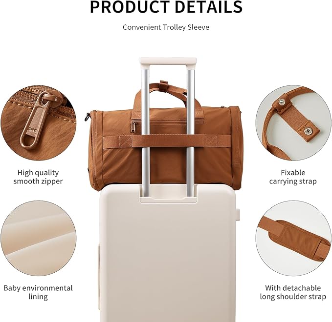 Aji Foldable Travel Duffel Bag for Women with Shoes Compartment, 3 in 1 Carry on Gym Bag with Removable Dry Wet Bag, Lightweight&Water Resistant Duffel Bag for Travel,Sports&Workout, Warm Brown