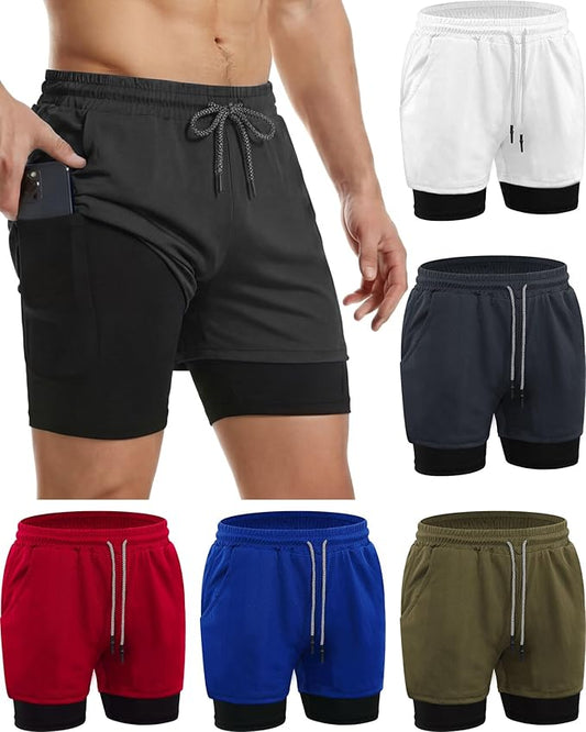 Sureio 6 Pcs Men's 2 in 1 Workout Running Shorts 5" Athletic Gym Shorts with Liner Quick Dry Shorts with Pockets Towel Loop