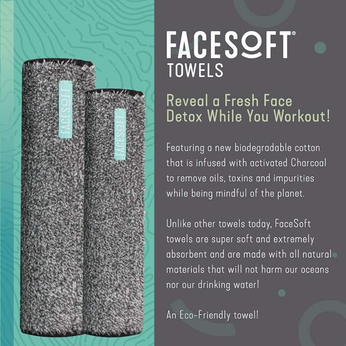 FACESOFT Mini Towels Charcoal Detox Multipack - Pulls Oils and Toxins from Skin - Infused with Activated Charcoal - Soft and Absorbent Cotton Exercise Towel - Workout Towel for Sweat - Active - 3 Pc