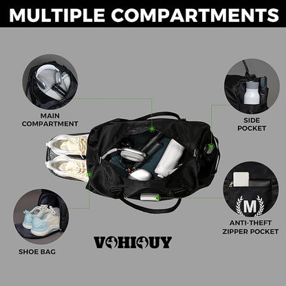 Gym Bag for Women & Men, Fitness Workout Sports Travel Duffle Bag with Wet Pocket & Shoes Compartment, Great Present for Gym Lovers (Jet Black, A)