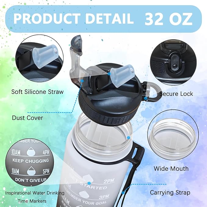 Sea Turtle Water Bottle with Straw, LeakProof, Carry Strap, BPA Free, 32 Oz Motivational Sport Water Bottle with Time Marker to Drink, Ideal for Gym Fitness Outdoor Black