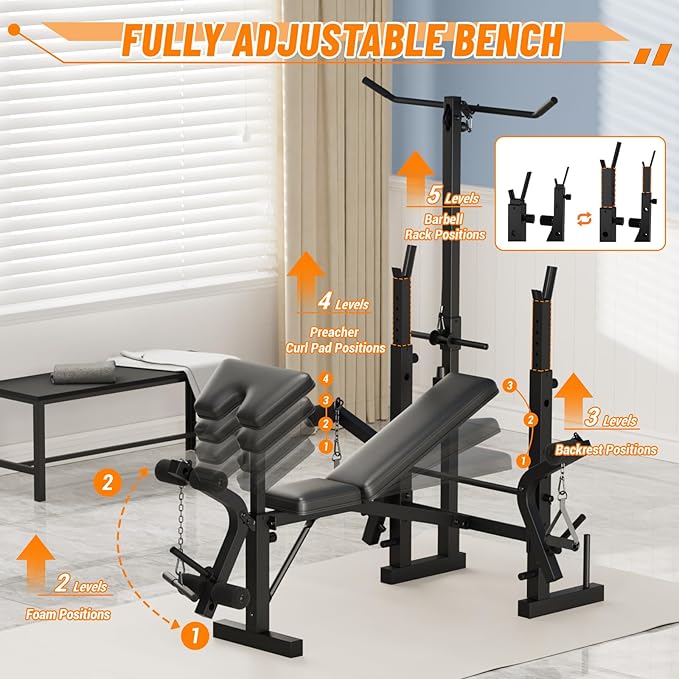 Adjustable Weight Bench for Home Gym, Multi-Function Strength Training Bench with Foldable Design, Heavy-Duty Steel Frame, Incline Decline Flat Positions, Full Body Workout Equipment