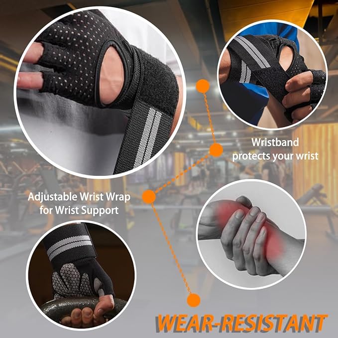 Workout Gloves for Men and Women,Gym Gloves for Weight Lifting with Wrist Support,Exercise,Rock Climbing, Biking,Training,Fitness,Pull up,Fingerless, Breathable and Snug fit