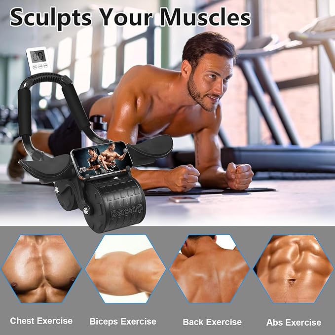 2026 New Ab Roller Wheel with Knee Mat &Timer, Automatic Rebound Abdominal Wheel, Ab Abdominal Exercise Roller with Elbow Support, Abs Workout Equipment Ab Exercise Roller for Women Men