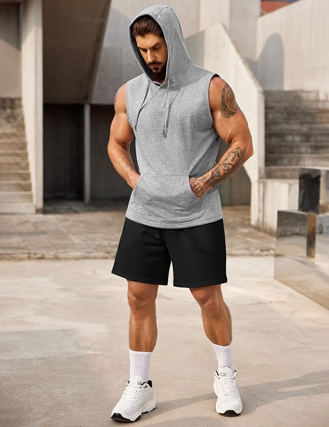 COOFANDY Mens Sleeveless Workout Hoodie Shorts Set 2 Piece Outfits Hooded Tank Tops Gym Tracksuit Sweatsuits