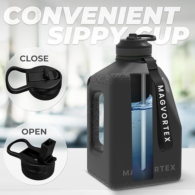 91oz Gym Daily Water Bottle Black – Large BPA-Free PETG Jug with Magnetic Plate Phone Mount, Leakproof Flip-Top Lid, Wide Mouth for Ice, Straw, Carry Strap, Stable Base, Time Marker