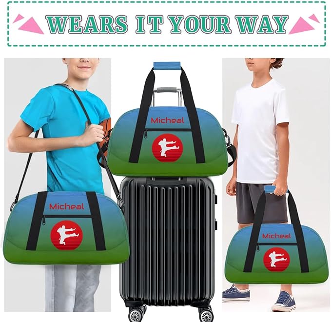 Personalized Martial Art Bag Duffel Bag for Boys Girls, Custom Taekwondo Karate Bag for Travel Weekender Practice Gradient Blue