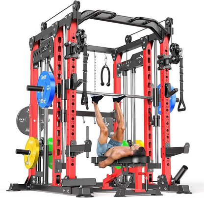 Multi-Purpose Squat Rack,Smith Machine Weight Rack Set with Cable Crossover System, Home Gym Power Racks, Power Racks and Packages