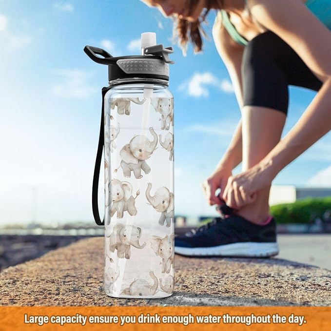 ALAZA Elephant on White Sports Water Bottle with Straw Tritan Drink Bottle 32 oz BPA Free Reusable for Travel Outdoor Fitness