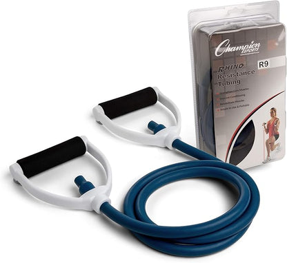 Champion Sports Resistance Tube Bands for Men and Women, Durable Stretch Fitness Band for Strength Training, Stretching, Rehabilitation - Premium Home Workout Equipment - 90 Lbs Resistance Tubing-Blue