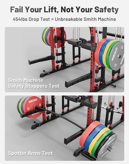 Mikolo M4 2.0 Smith Machine, 2200lbs Squat Rack with LAT-Pull Down System & Cable Crossover Machine, Training Equipment with Leg Hold-Down Attachment
