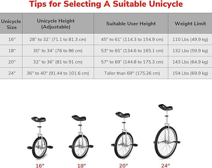 AW 16/18/20/24 Inch Wheel Outdoor Unicycle Adjustable Seat Exercise Bicycle Fit Adults Kids Outdoor Sports Fitness Exercise, for Choice