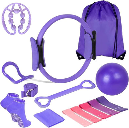 Pilates Equipment Kit for Home Workout, Pilates Ring and Ball Set with 5 Resistance Bands, mag-ic Circle Compact Toning Fitness Essentials Starter Set Accessories, Core Sliders, Socks, Bag