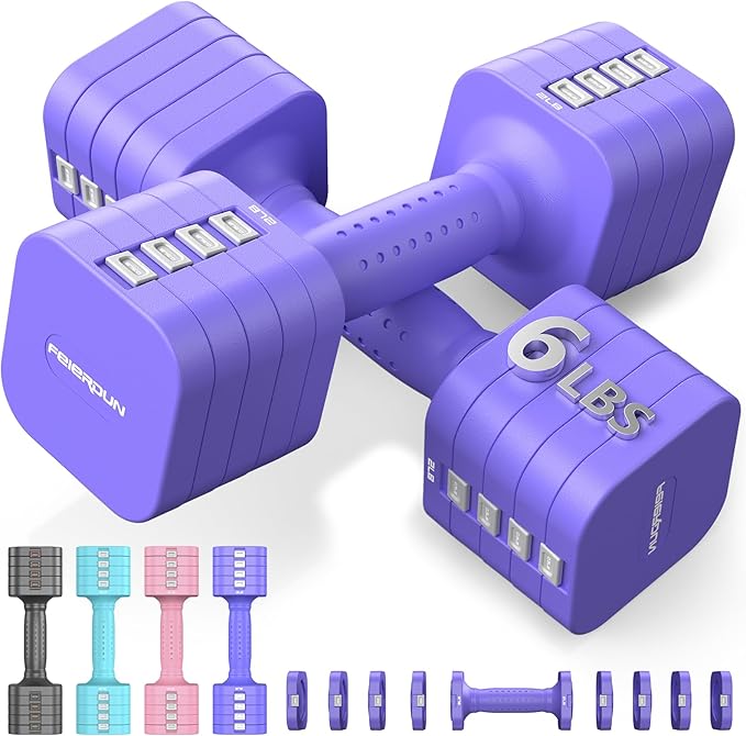 FEIERDUN 5-in-1 Adjustable Dumbbell Set of 2, 12LBS/20LBS Hand Weights for Women, Men, 1s-Adjust Dual-Stable Dumbbell Set for Women Home Gym & Outdoor