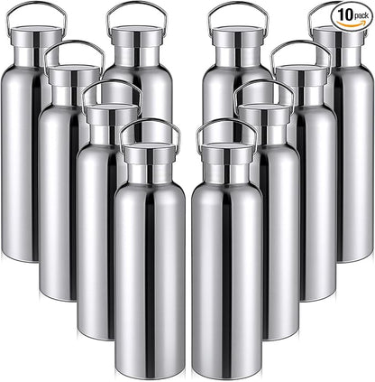 10 Pack Reusable Stainless Steel Water Bottle Bulk Double Wall Insulated Sports Water Bottle with Handle and Vacuum Seal Leakproof Lid for Sports Cyclists Hiking Gym Camping Gift(Silver,25 oz)