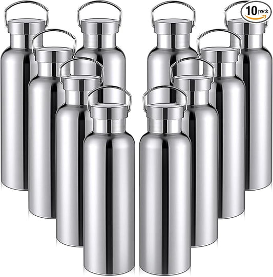 10 Pack Reusable Stainless Steel Water Bottle Bulk Double Wall Insulated Sports Water Bottle with Handle and Vacuum Seal Leakproof Lid for Sports Cyclists Hiking Gym Camping Gift(Silver,25 oz)