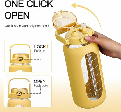 42oz/52oz/64oz Glass Water Bolttles with Straw Half Gallon Large Motivational Water Bottle with Time Marker Sports Water Bottles with Silicone Sleeve and Handle Lid Water Jug for Gym Workout