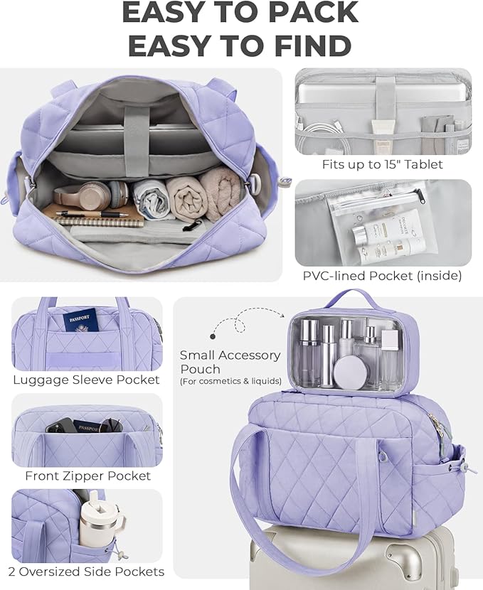 Percover Women Gym Bag with Toiletry Organizer Pouch, Quilted Workout Duffle with Compartments for Daily Fitness & Yoga, Locker-Friendly Soft Carry, Lavender Purple