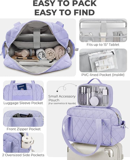 Percover Women Gym Bag with Toiletry Organizer Pouch, Quilted Workout Duffle with Compartments for Daily Fitness & Yoga, Locker-Friendly Soft Carry, Lavender Purple