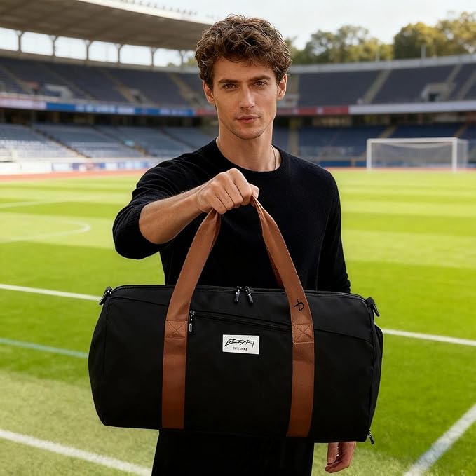 BE SMART Waterproof Mens Gym Bag with Shoe Compartment, Sports Gym Duffle Bag with Adjustable Strap for Men Women, Lightweight Large Sport Duffel Bag for Travel, Sports, Workout(Black/Brown)