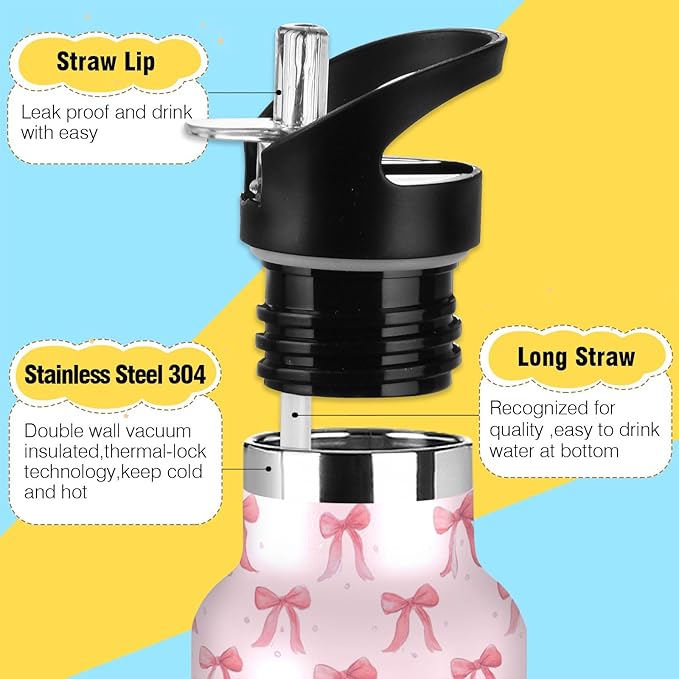 Insulated Water Bottle with Straw Cute Pink Ribbon Bow 20 Oz Kids Stainless Steel Water Flask Sports Travel Mug for Boys Girls
