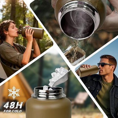 Half Gallon Water Bottle with Sleeve - 64 oz Stainless Steel Insulated Water Jug with Handle Wide Mouth Gym Water Bottles for Men Sports Workout Hiking Camping with Military Pouch Khaki