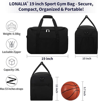 35L Sports Gym Duffle Bag - 19 inch Weekender Duffel for Workout, Basketball, Fitness, Training (Black)