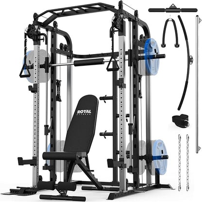 Smith Machine, Multifunctional Power Cage Rack with Smith Bar and Cable Pulley System, and LAT Pull Down Machine for Home Gym…