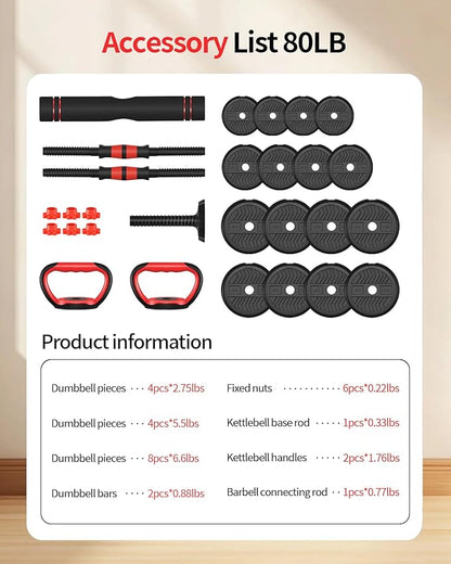 Adjustable Dumbbells,20/30/40/60/80lbs Free Weight Set with Connector, 4 in1 Dumbbells Set Used as Barbell/Kettlebells/Push up Stand, Fitness Workout Equipment for Home Gym for Youth,Women/Men