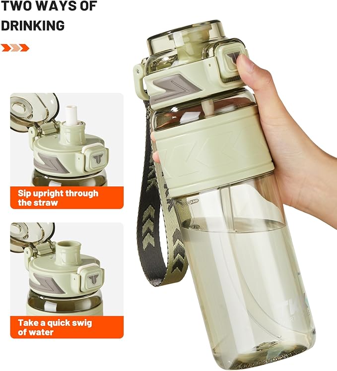 TKK Sports Water Bottles with Removable Straw 29 oz Leak-proof Flip Top Lid BPA Free Tritan Bottle with Strap for School, Fitness, Gym, Outdoor, LighGreen
