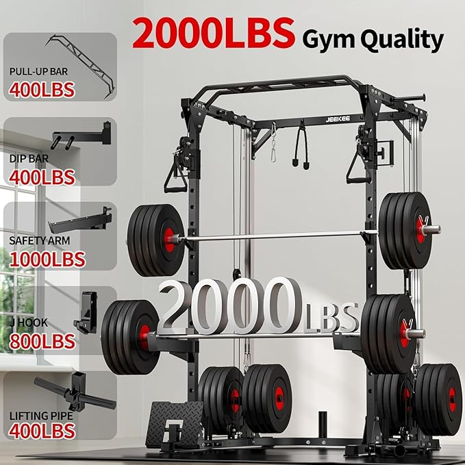 JEEKEE Power Cage with Cable Crossover System, 2000LB Multi-Function Power Rack with Independent Dual Pulleys, LAT Pulldown Seat Cushion, 20+ Attachments Squat Rack for Home Gym Workout