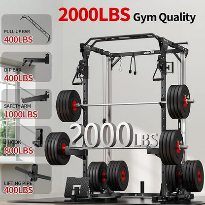 JEEKEE Power Cage with Cable Crossover System, 2000LB Multi-Function Power Rack with Independent Dual Pulleys, LAT Pulldown Seat Cushion, 20+ Attachments Squat Rack for Home Gym Workout