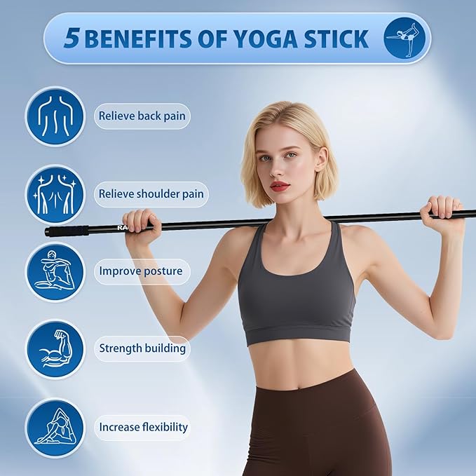 Yoga Stick 5 ft, Sturdy Steel Adjustable Stretching Stick for Mobility, Balance and Flexibility, Versatile Exercise Stick with Non-Slip Ends and Foam Handles for Fitness, and Posture Correction