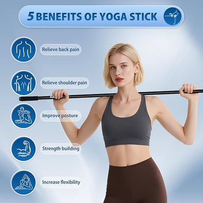 Yoga Stick 5 ft, Sturdy Steel Adjustable Stretching Stick for Mobility, Balance and Flexibility, Versatile Exercise Stick with Non-Slip Ends and Foam Handles for Fitness, and Posture Correction